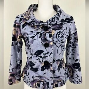 Anthropologie Odille Lavender Black Floral Velour Jacket, lined, 12